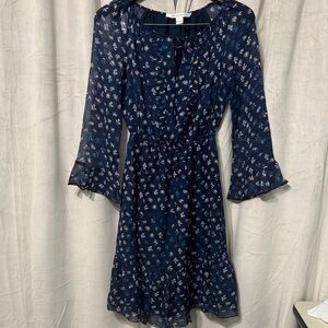 Diane Von Furstenberg Dark Blue Floral Long Sleeve Dress